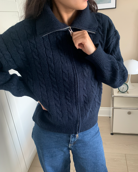 Cable Knit 2-way Zip Up Cardigan - Navy