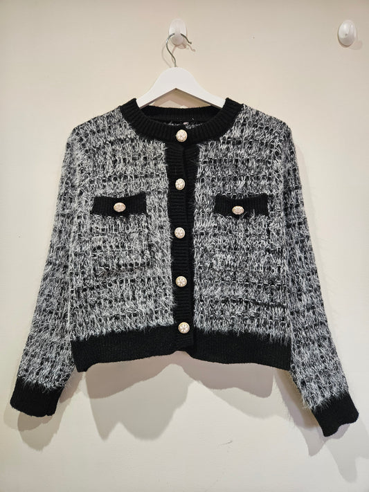 Tweed Style Knitted Cardigan - Black