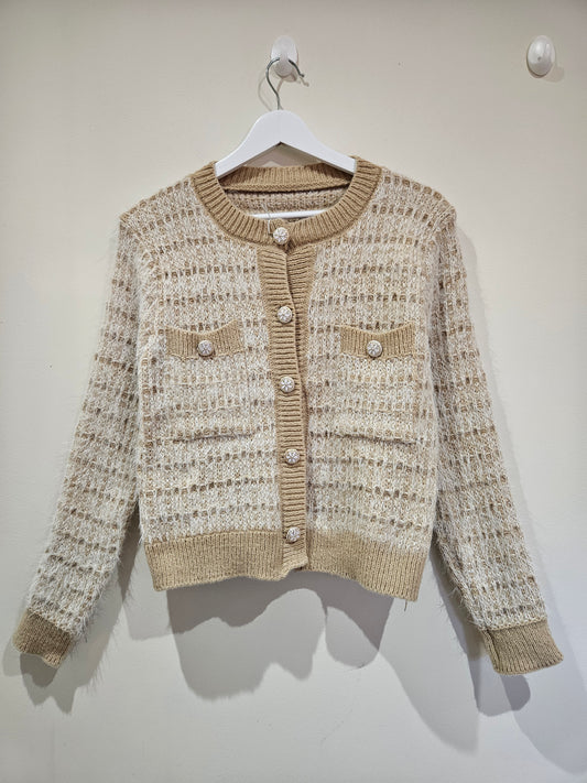 Tweed Style Knitted Cardigan - Beige